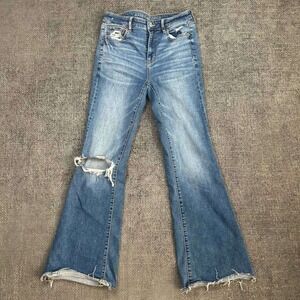 American Eagle Flare Jeans Womens 27 Blue High Rise Distressed Raw Hem Y2K